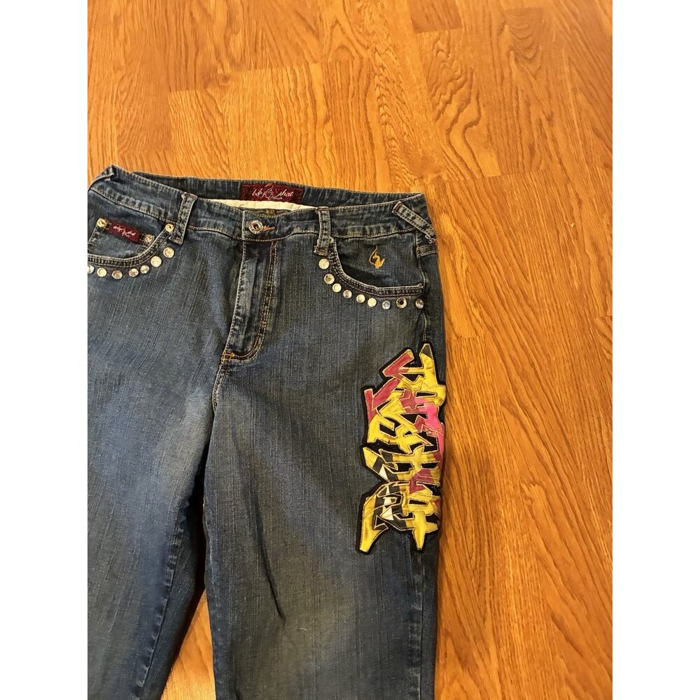 Baby‎ Phat Y2K Streetwear Capri Jeans Sz 14Silver Logo Plate Medal & Medallion